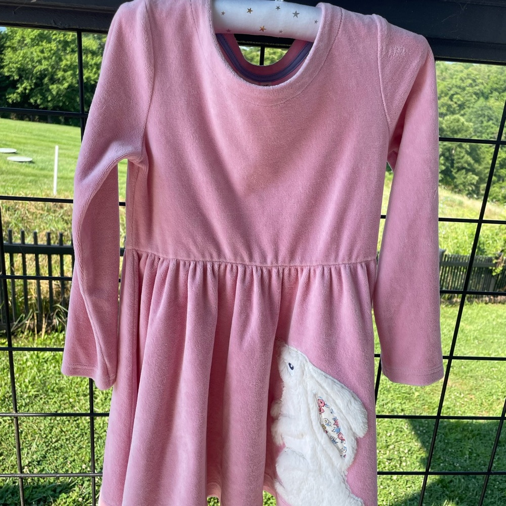 Mini Boden Pink Long Sleeve velvet winter Dress with Bunny Patch